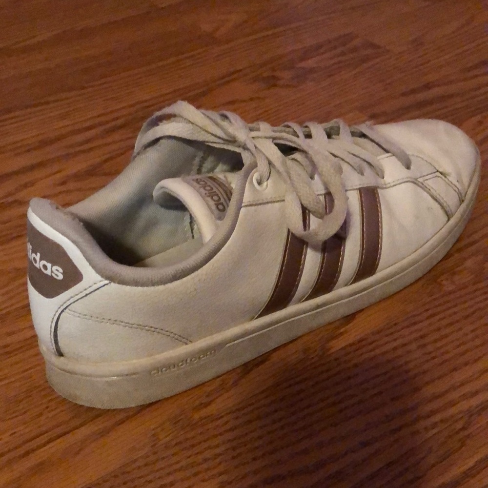 Adidas three striped rose gold sneakers